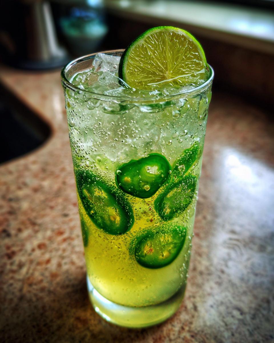 Close-up of a tall glass containing a bubbly Jalapeno Lemon Lime Mocktail, filled with ice and sliced jalapenos, garnished with a lime wheel.