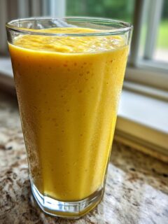 A tall glass filled with a thick, bright yellow Jamaican Pineapple Smoothie sitting on a speckled countertop near a window.