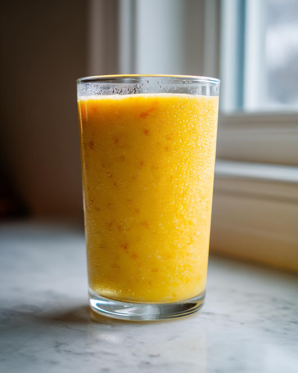 A tall, cold glass filled with a bright yellow Jamaican Pineapple Smoothie, showing condensation on the glass.