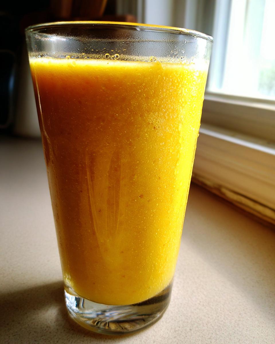 Close-up of a tall glass filled with a thick, bright yellow Jamaican Pineapple Smoothie, condensation visible on the glass.