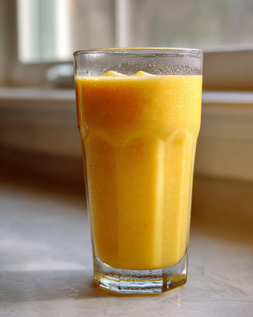 A tall, cold glass filled with a vibrant yellow Jamaican Pineapple Smoothie, showing condensation on the glass.
