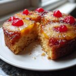 A slice removed from a golden Jamaican Pineapple Upside Down Cake topped with caramelized pineapple rings and cherries.