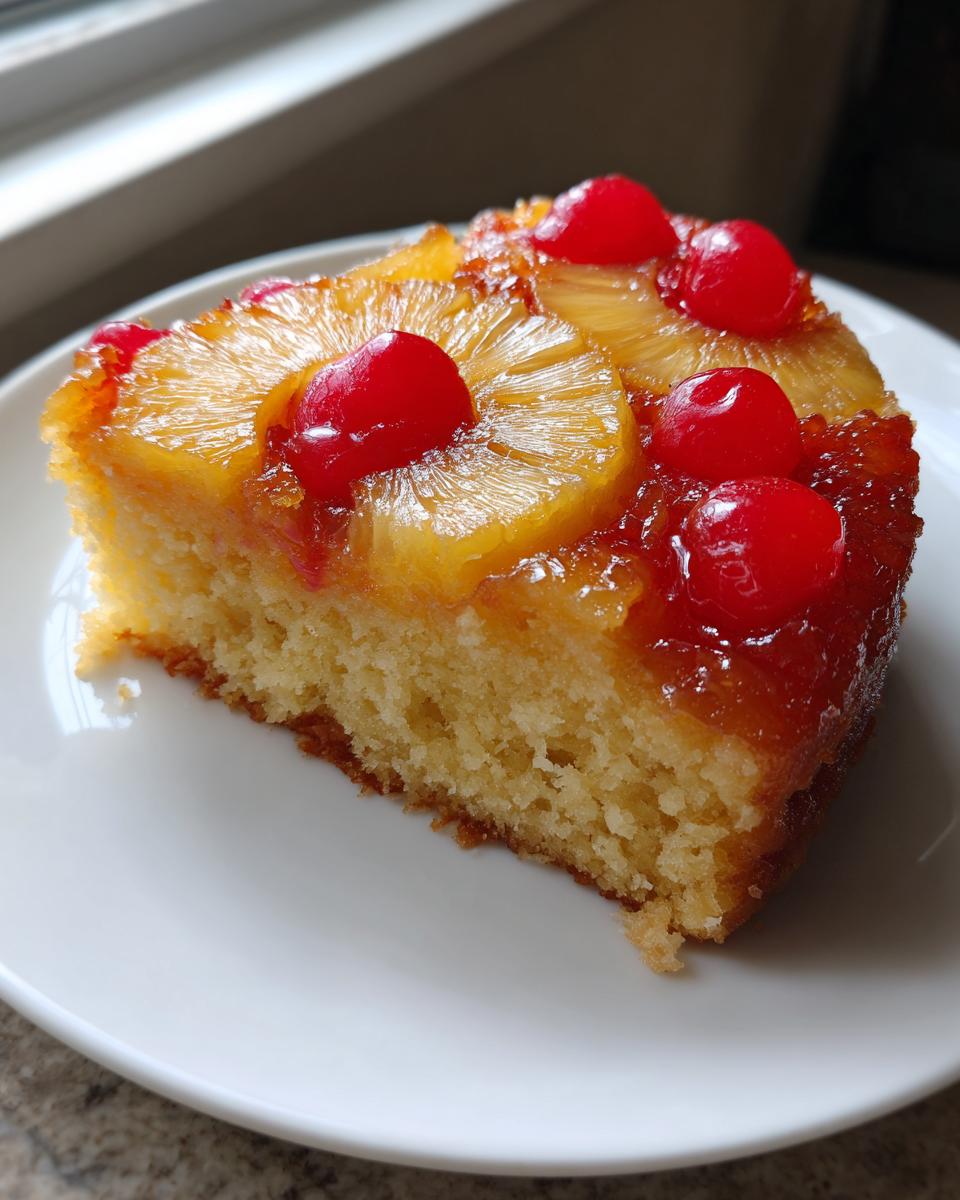 A moist slice of Jamaican Pineapple Upside Down Cake topped with caramelized pineapple rings and bright red maraschino cherries.
