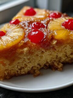 Close-up of a moist slice of Jamaican Pineapple Upside Down Cake topped with caramelized pineapple and maraschino cherries.