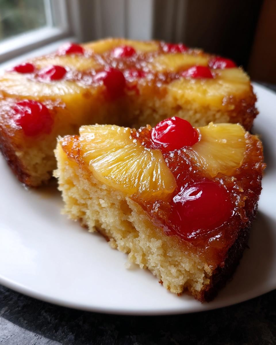 A close-up of a slice of moist Jamaican Pineapple Upside Down Cake topped with caramelized pineapple and a maraschino cherry.