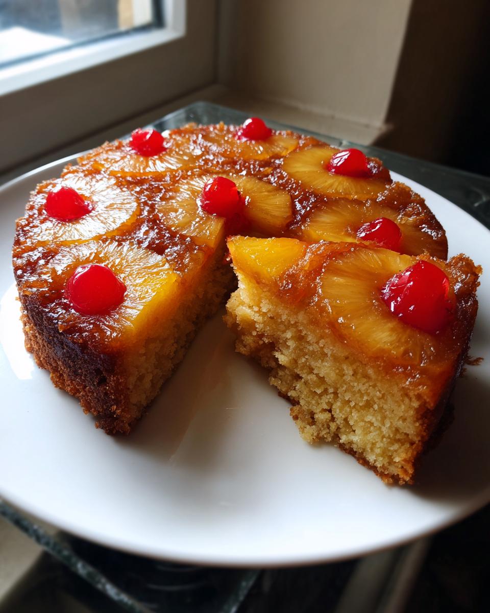 A slice cut from a moist Jamaican Pineapple Upside Down Cake topped with caramelized pineapple rings and maraschino cherries.
