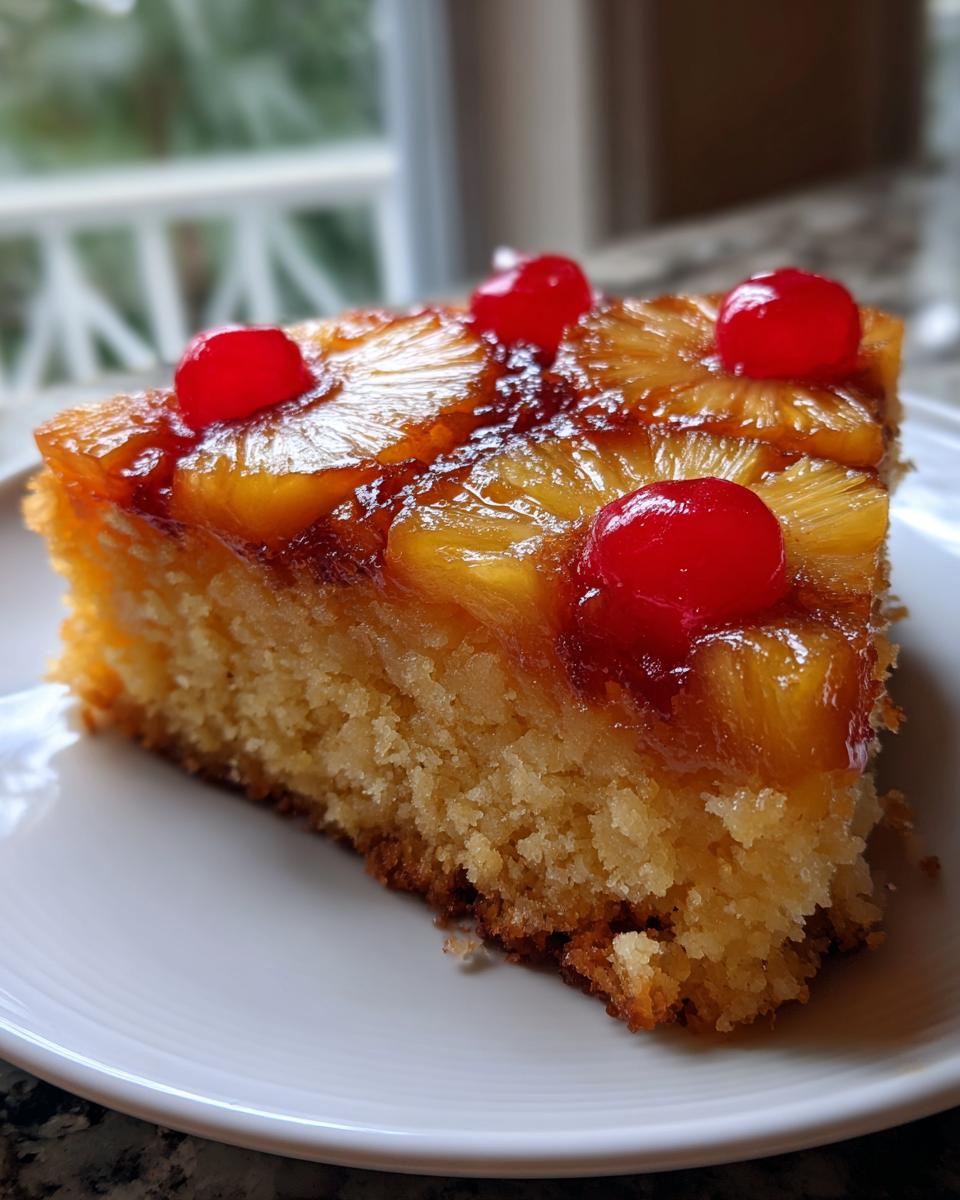 A moist slice of Jamaican Pineapple Upside Down Cake topped with caramelized pineapple rings and maraschino cherries.