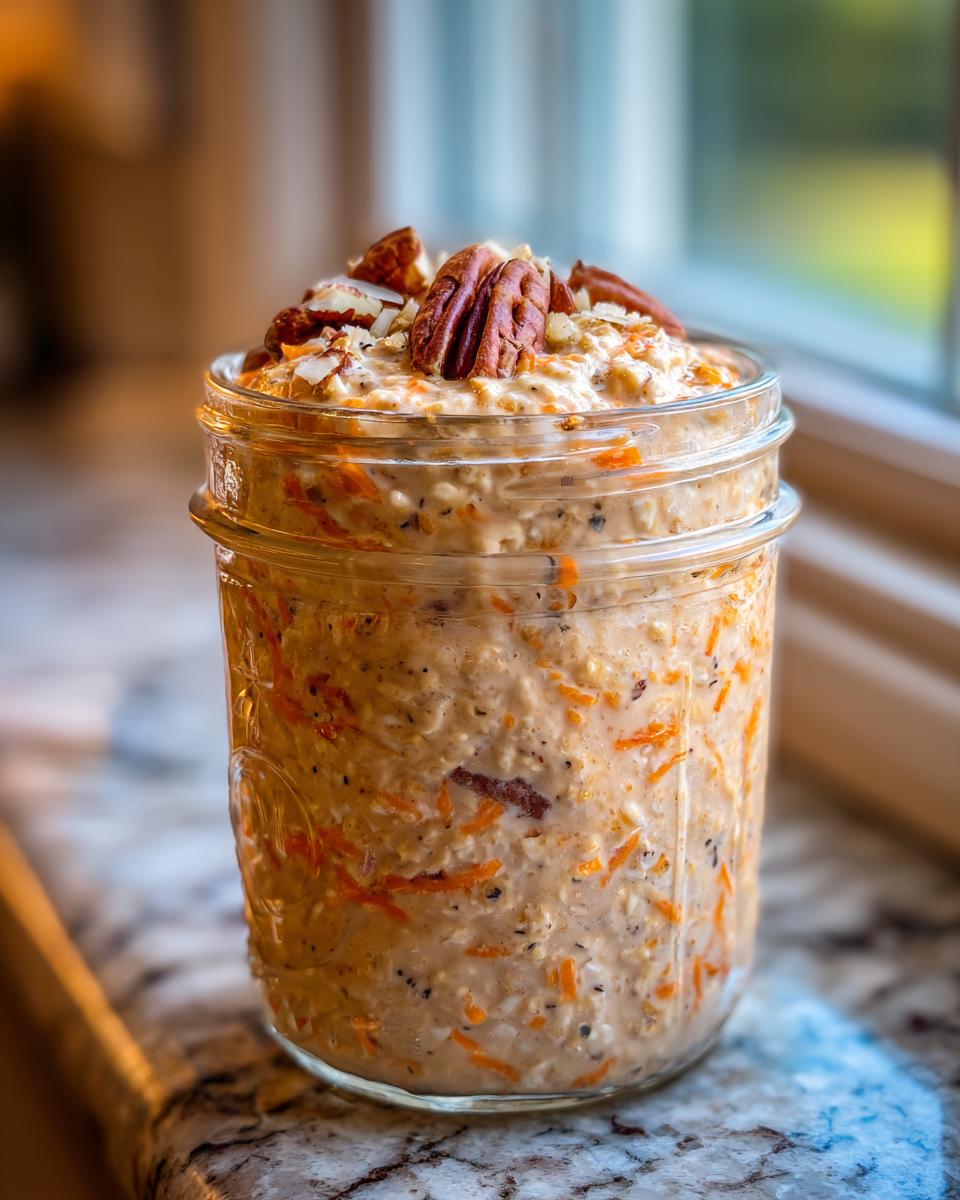 A glass jar filled with creamy Carrot Cake Overnight Oats, topped with whole and chopped pecans.