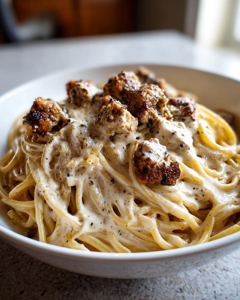 Close-up of Jerk Chicken Alfredo Pasta featuring spaghetti coated in creamy sauce and topped with seasoned chicken pieces.