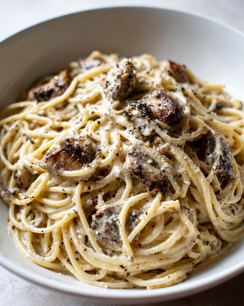 Close-up of creamy Jerk Chicken Alfredo Pasta tossed with black pepper, served in a white bowl.