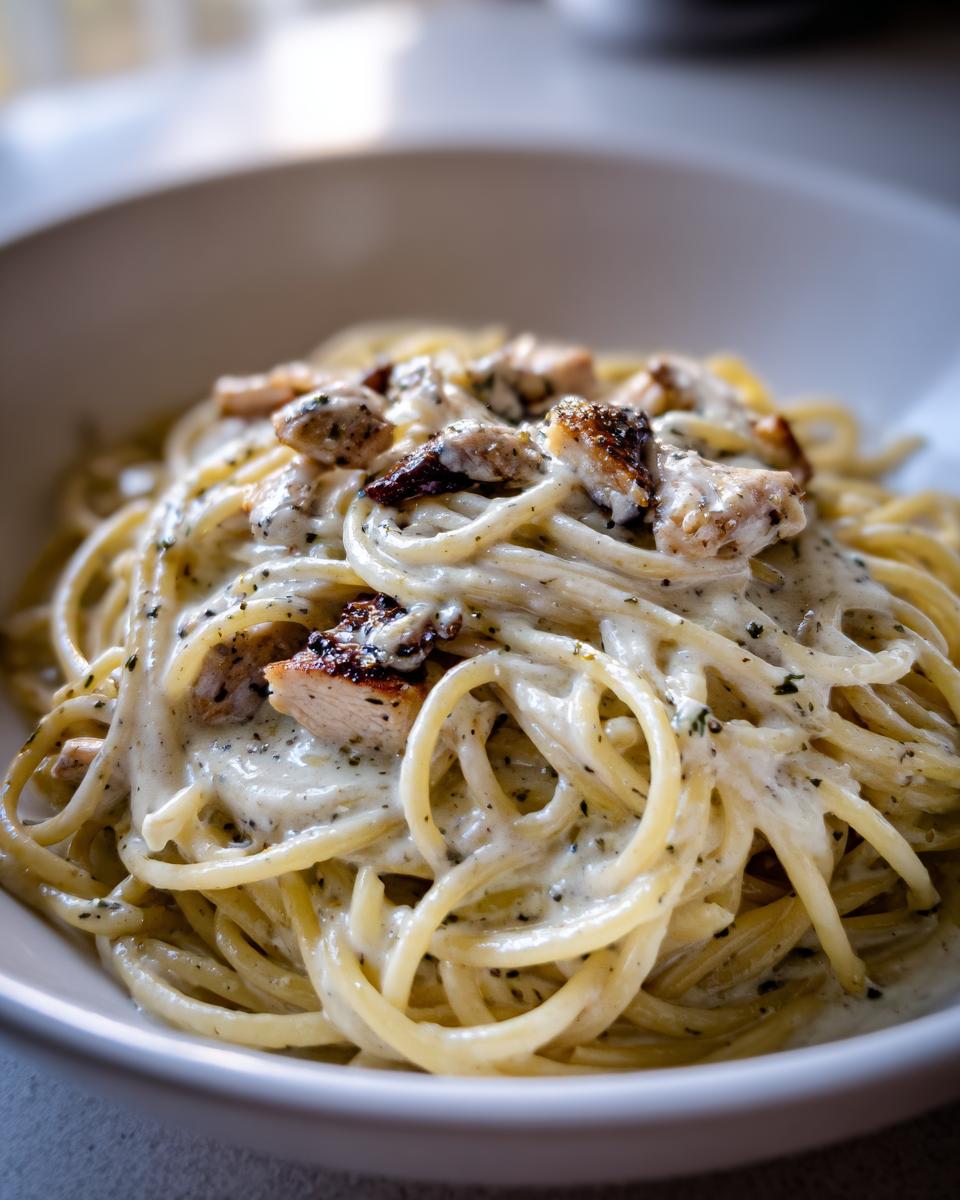 Close-up of creamy Jerk Chicken Alfredo Pasta with spaghetti noodles coated in white sauce and topped with seasoned chicken pieces.