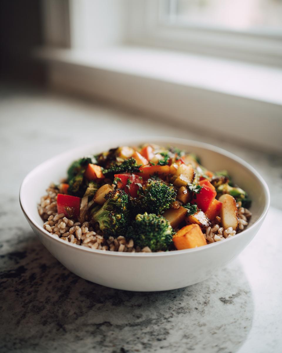 A white bowl filled with Jerk Vegetable Farro Bowl ingredients, featuring farro, broccoli, and sweet potatoes.