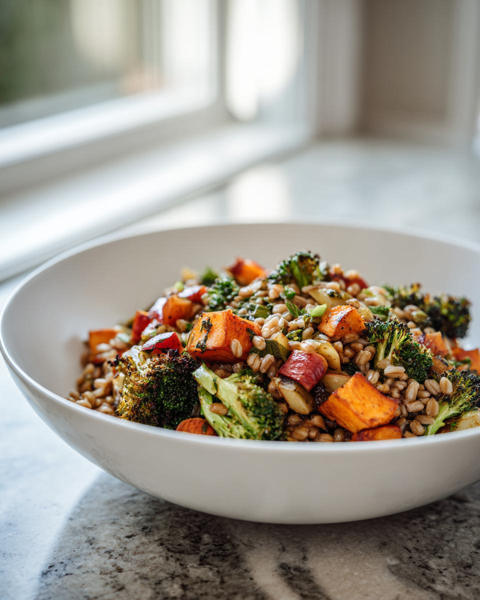 Close-up of a Jerk Vegetable Farro Bowl featuring roasted sweet potatoes and broccoli in a white bowl.