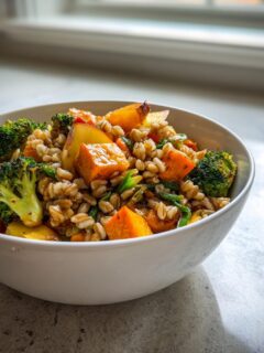 Close-up of a Jerk Vegetable Farro Bowl featuring farro, broccoli, sweet potatoes, and apples.