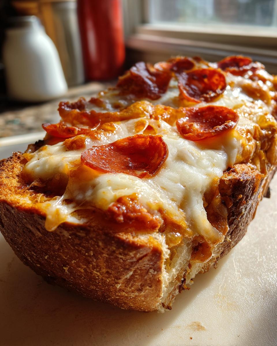 A close-up, appetizing shot of Kams Spooky French Bread Pepperoni Pizza with melted cheese and crispy pepperoni.