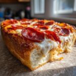 A close-up, low-angle shot of a thick slice of Kams Spooky French Bread Pepperoni Pizza with melted cheese.