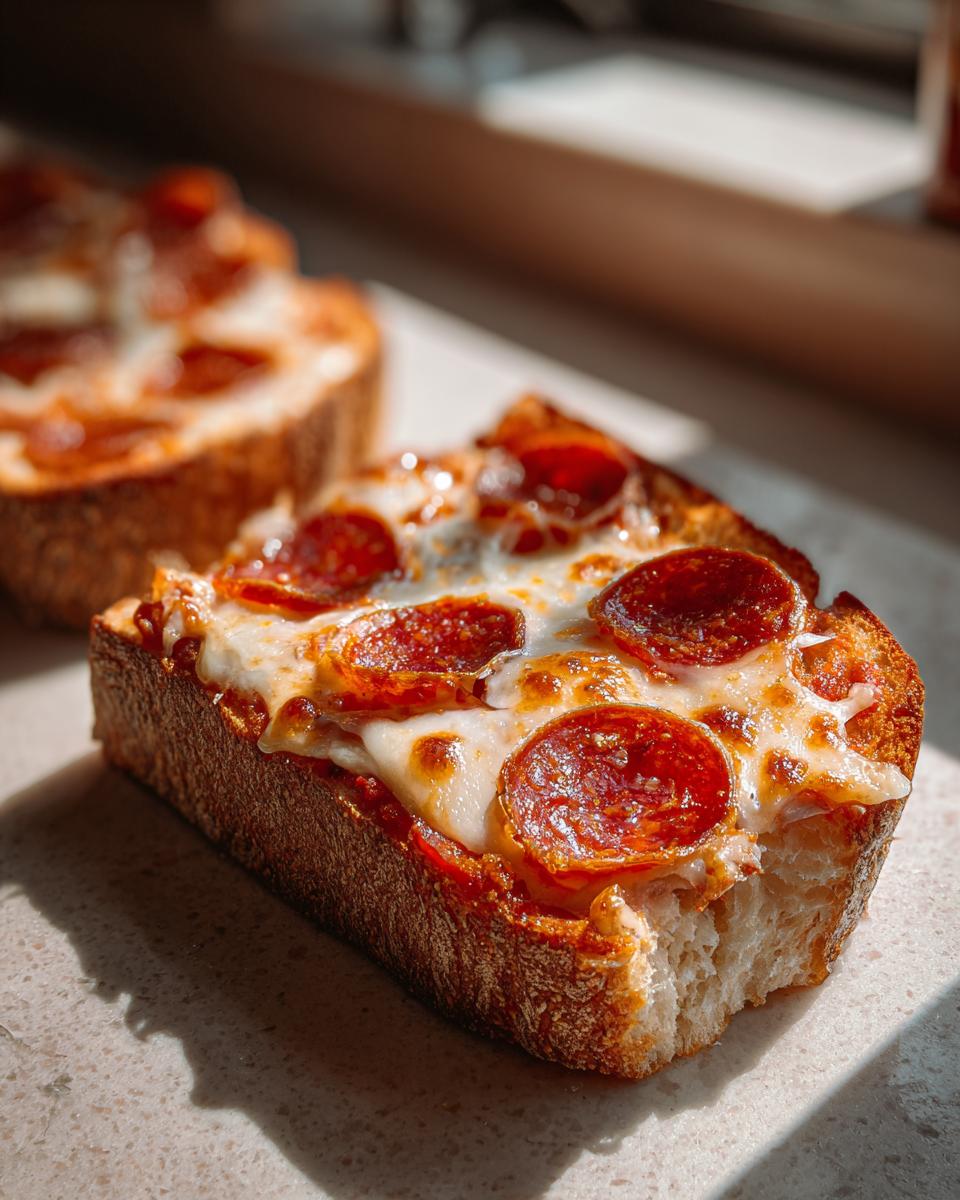 A close-up of Kams Spooky French Bread Pepperoni Pizza slice showing melted cheese and crispy pepperoni.