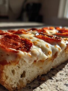 A close-up side view of a slice of Kams Spooky French Bread Pepperoni Pizza showing melted cheese and crispy pepperoni.