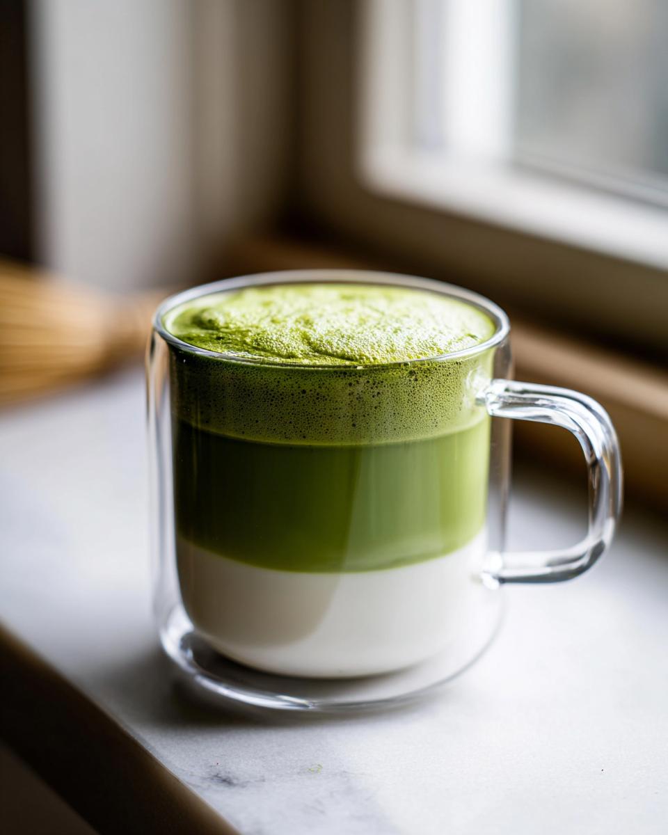 Close-up of a layered Vegan Matcha Latte showing white milk, green matcha, and frothy top in a clear glass mug.