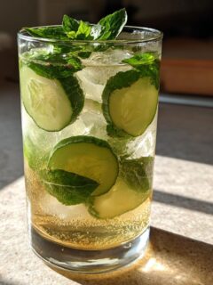 A tall glass filled with ice, cucumber slices, and mint leaves for a Lemon Basil Cucumber Mocktail.