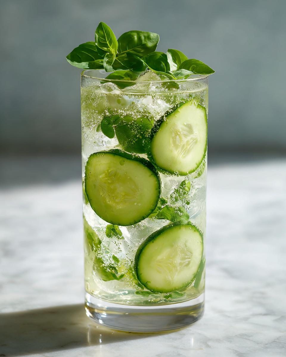 A tall glass filled with ice, sparkling liquid, cucumber slices, and basil leaves, representing a Lemon Basil Cucumber Mocktail.
