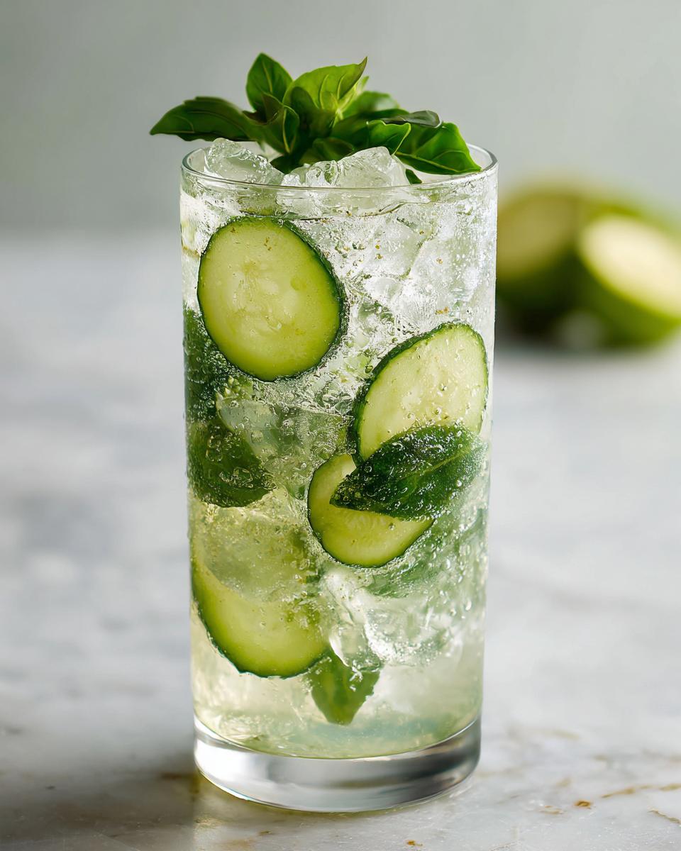 Close-up of a tall glass filled with a Lemon Basil Cucumber Mocktail, ice, cucumber slices, and fresh basil garnish.