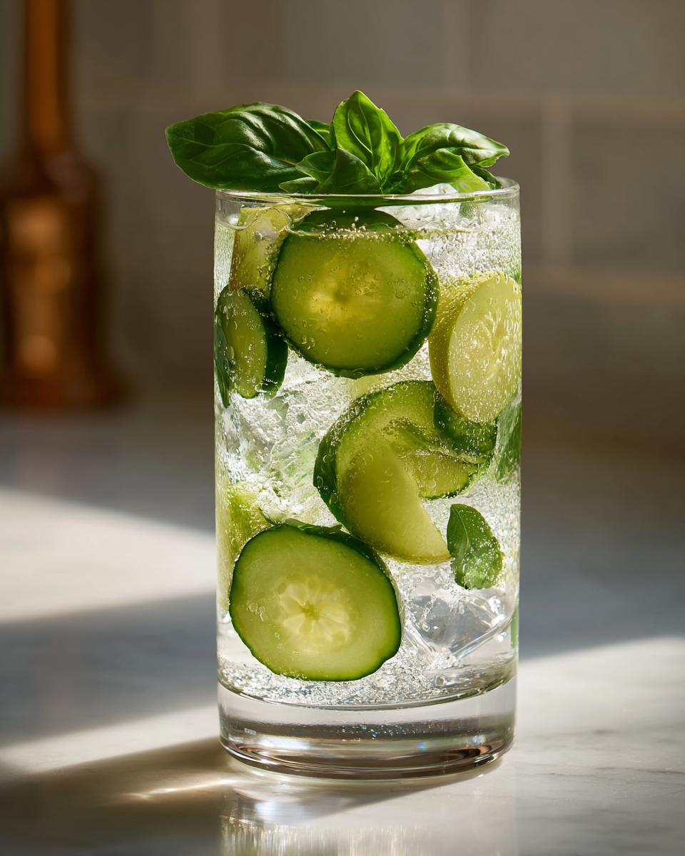 Close-up of a tall glass filled with ice, sparkling water, cucumber slices, and topped with fresh basil for a Lemon Basil Cucumber Mocktail.