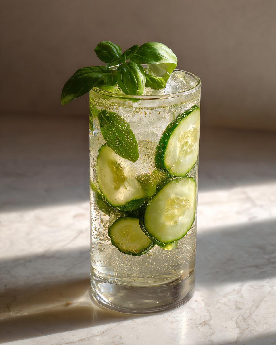 A tall glass filled with a sparkling Lemon Basil Cucumber Mocktail, garnished with cucumber slices and fresh basil leaves.