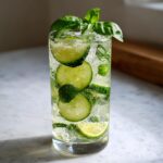 Close-up of a tall glass filled with ice, cucumber slices, and basil leaves for a Lemon Basil Cucumber Mocktail.