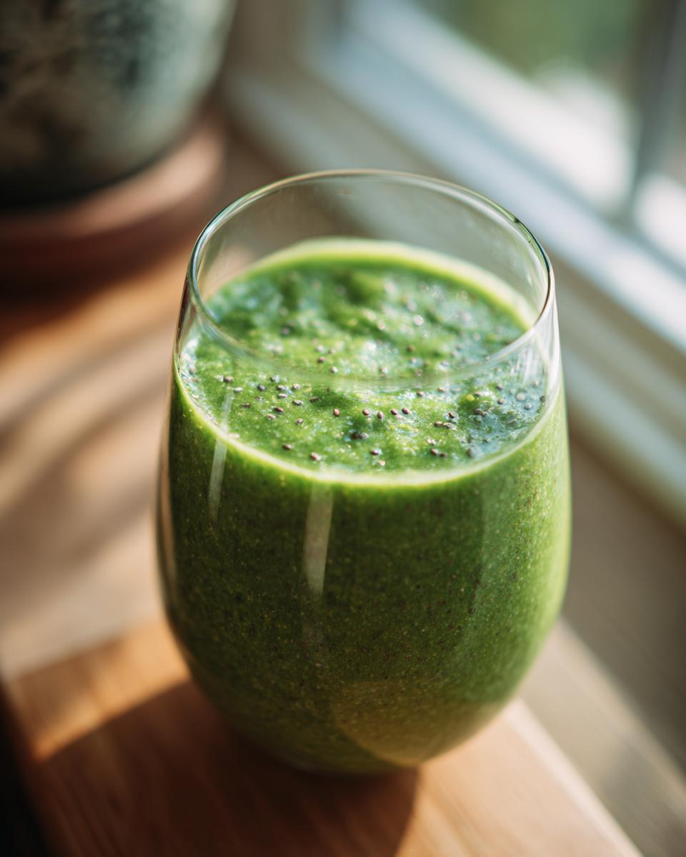 Close-up of a vibrant green Lemon Ginger Detox Smoothie topped with chia seeds in a clear glass.