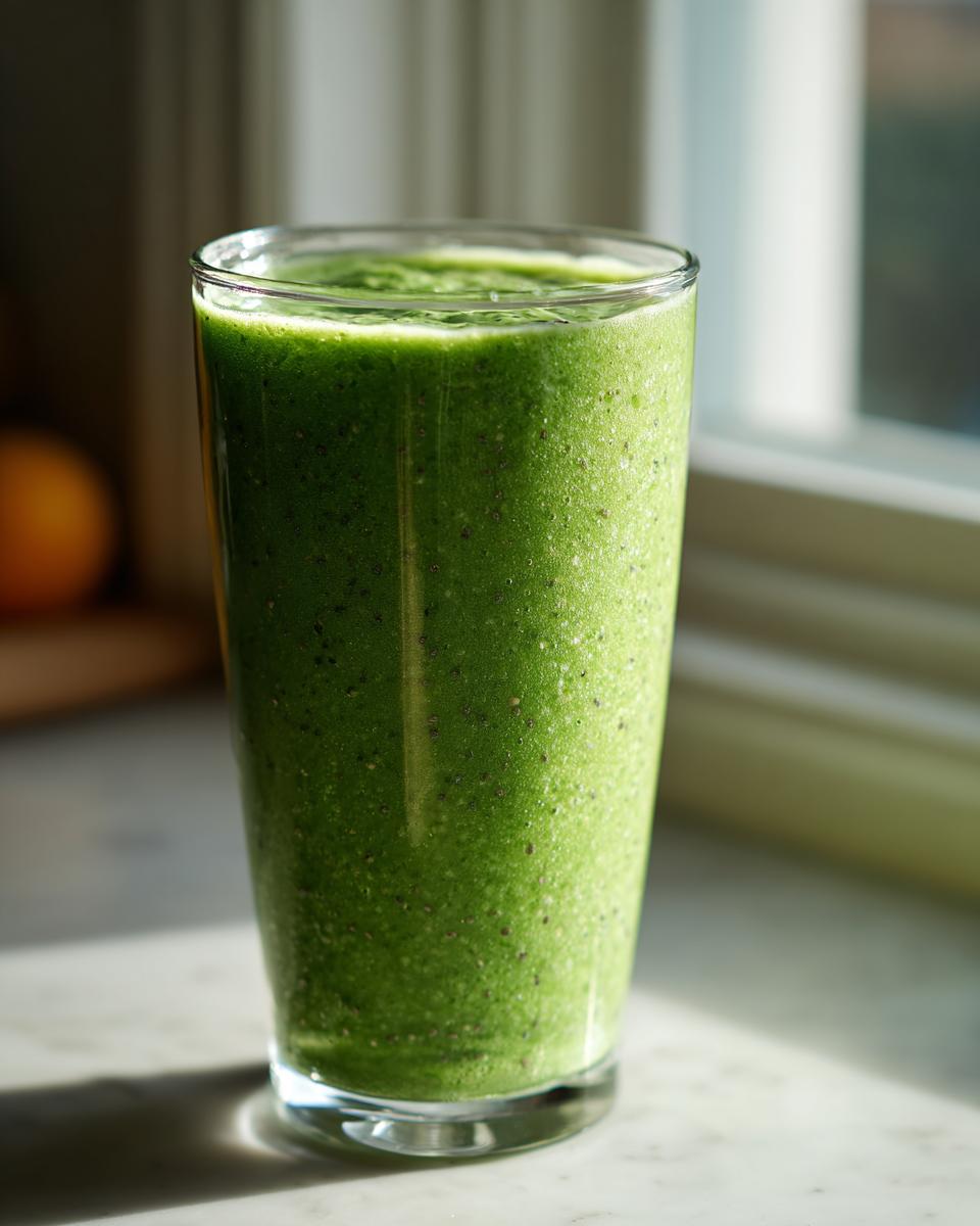 A tall glass filled with a thick, vibrant green Lemon Ginger Detox Smoothie, showing small dark seeds throughout.