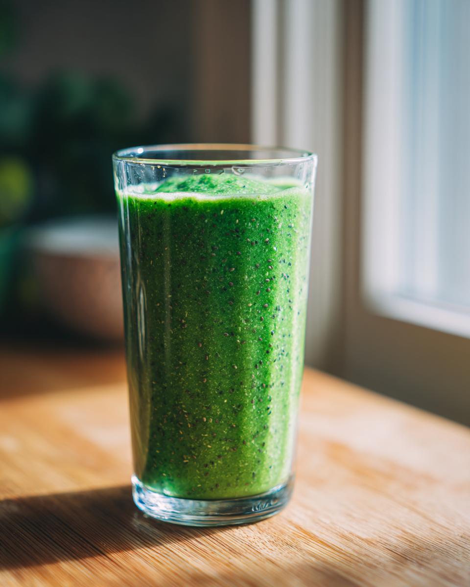 A tall glass filled with a thick, vibrant green Lemon Ginger Detox Smoothie featuring visible chia seeds.