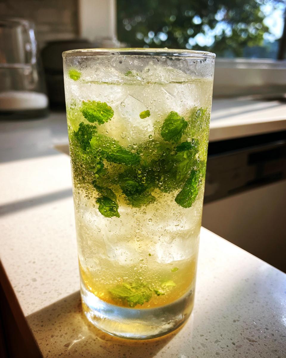 Close-up of a tall glass filled with a bubbly Lemon Honey Mint Mocktail, ice, and fresh mint leaves.