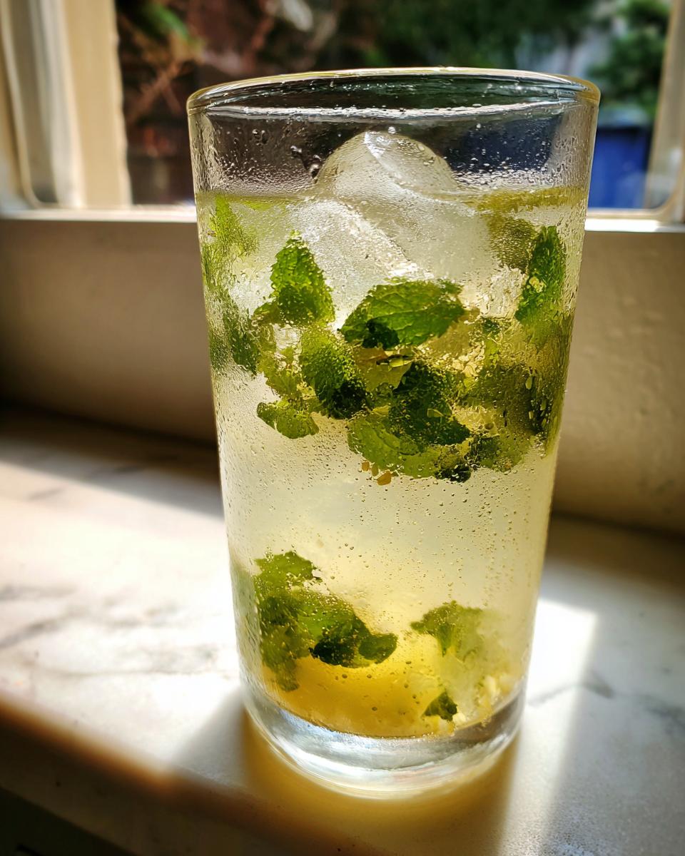 Close-up of a tall, cold glass filled with a Lemon Honey Mint Mocktail, ice, and fresh mint leaves.