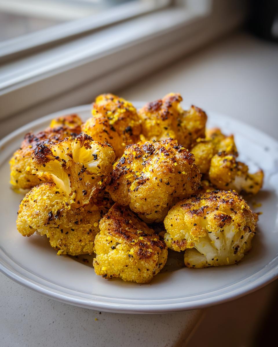 Close-up of crispy, golden Lemon Pepper Cauliflower Bites sprinkled with zest on a white plate.
