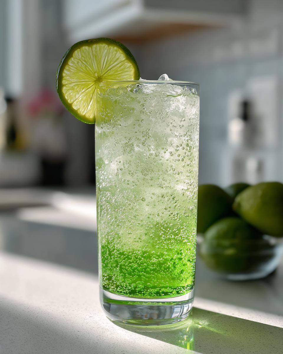 A tall glass filled with a bubbly, bright green Lime Rickey Mocktails, garnished with a fresh lime wheel.