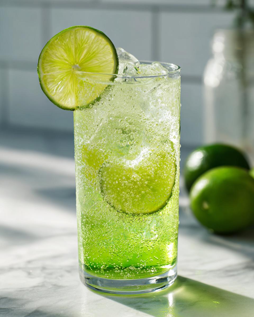A tall glass filled with a fizzy, bright green Lime Rickey Mocktail, garnished with a lime wheel.