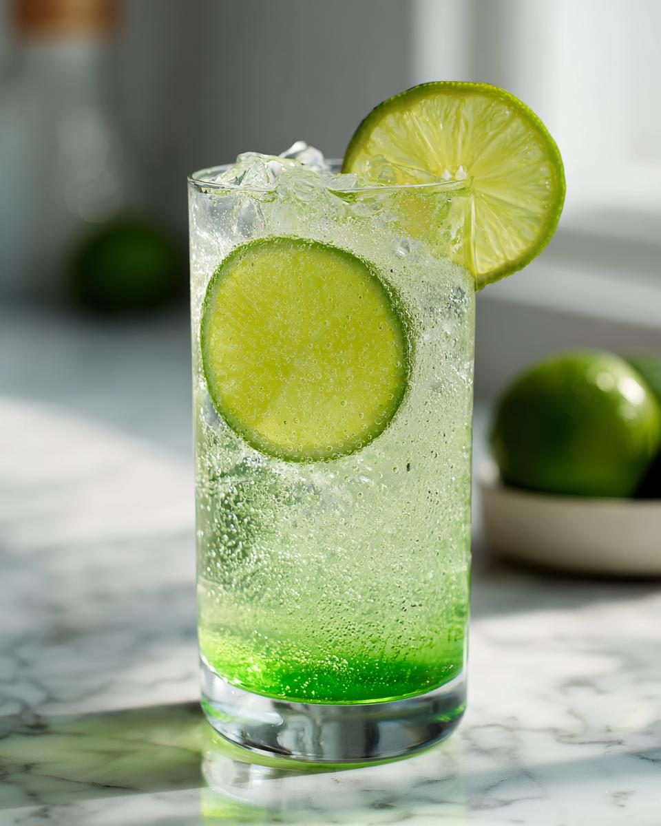 Close-up of a tall glass filled with a bubbly, green Lime Rickey Mocktail, garnished with ice and two fresh lime slices.