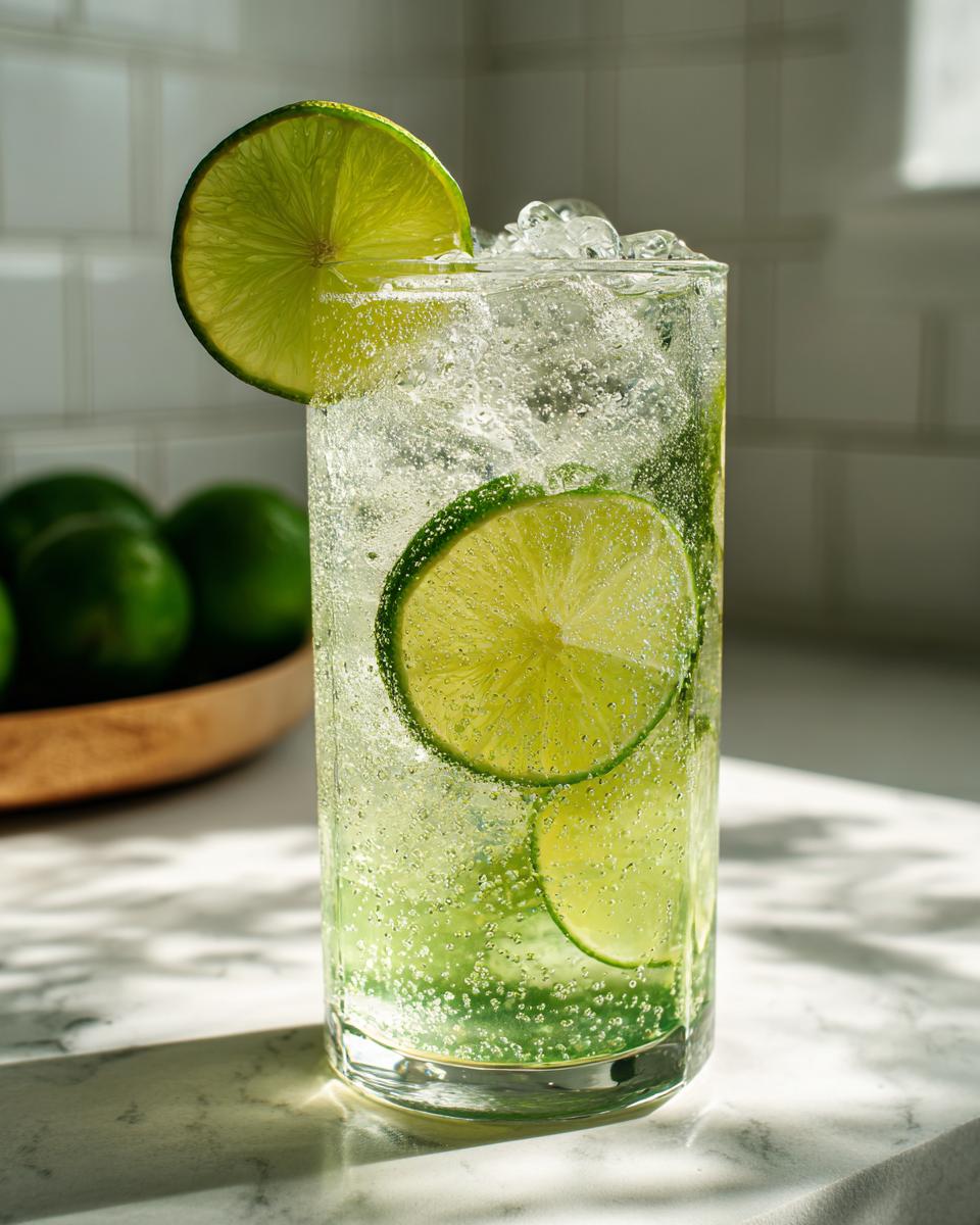 Close-up of a tall glass filled with an icy, bubbly Lime Rickey Mocktail garnished with fresh lime slices.