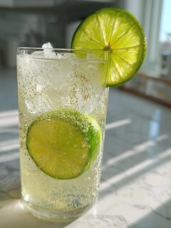 Close-up of a tall glass filled with a bubbly Lime Rickey Mocktail, garnished with two bright green lime slices.