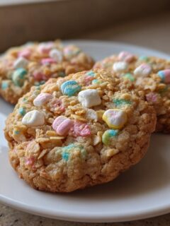 Three Loaded Lucky Charms Cornflakes Sugar Cookies topped with colorful marshmallows, resting on a white plate.