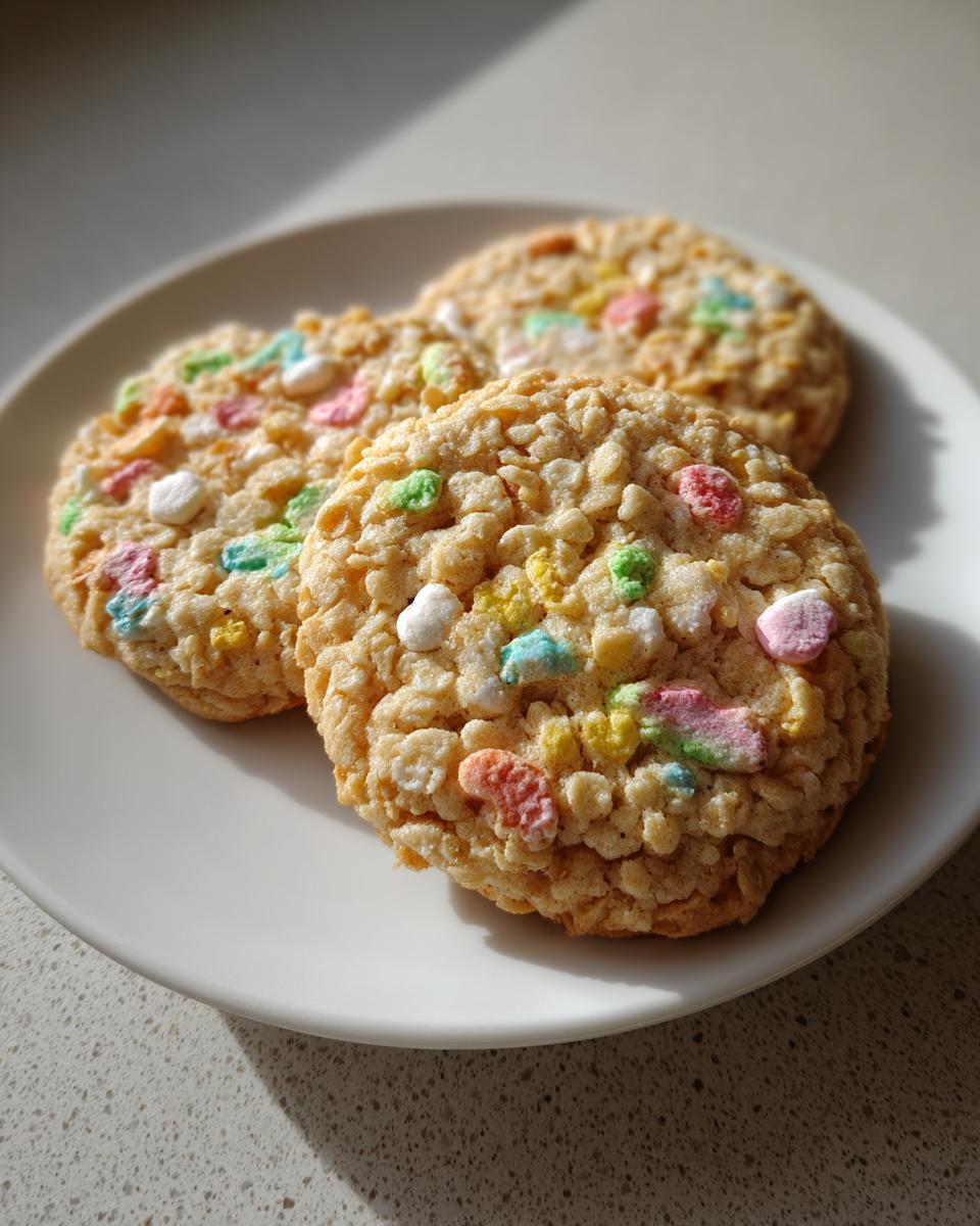 Three golden-brown Loaded Lucky Charms Cornflakes Sugar Cookies topped with colorful marshmallows on a white plate.