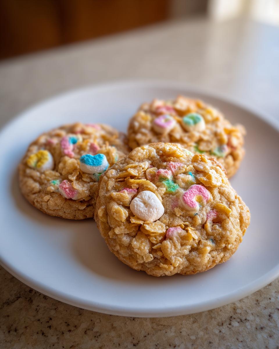 Three chewy Loaded Lucky Charms Cornflakes Sugar Cookies topped with colorful marshmallows on a white plate.