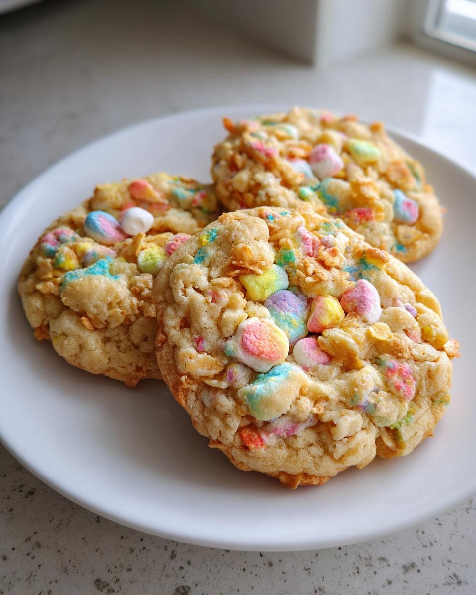 Three Loaded Lucky Charms Cornflakes Sugar Cookies topped with colorful marshmallows and cereal pieces on a white plate.