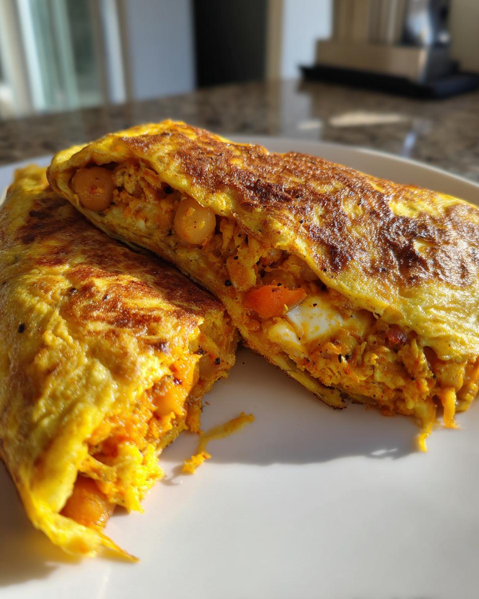 Cross-section of a golden-brown omelette stuffed with chili spiced chickpeas and vegetables.