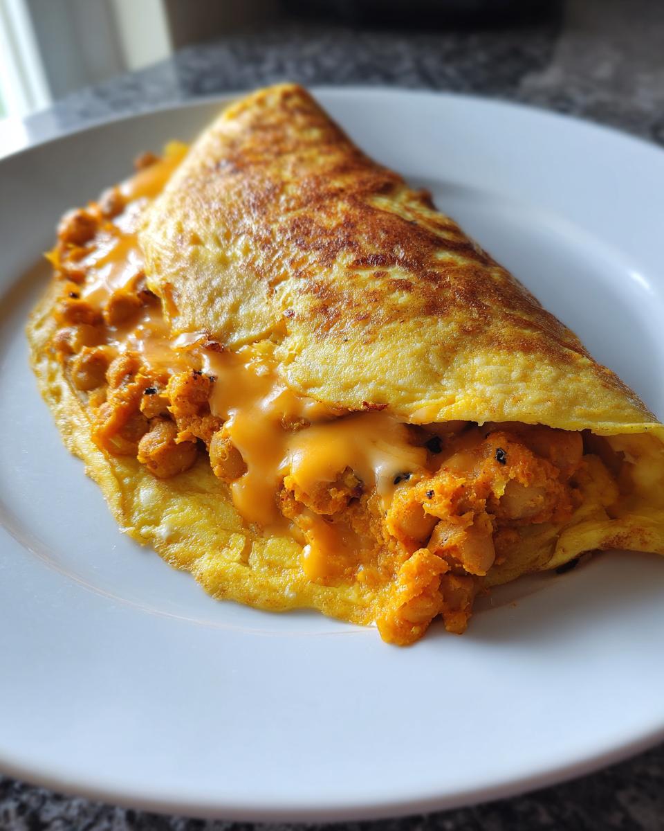 A golden folded omelette filled with chili spiced chickpeas and melted orange cheese.