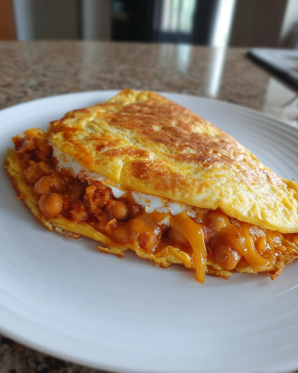 A golden-brown omelette folded over a savory filling of chili spiced chickpeas and melted cheese.