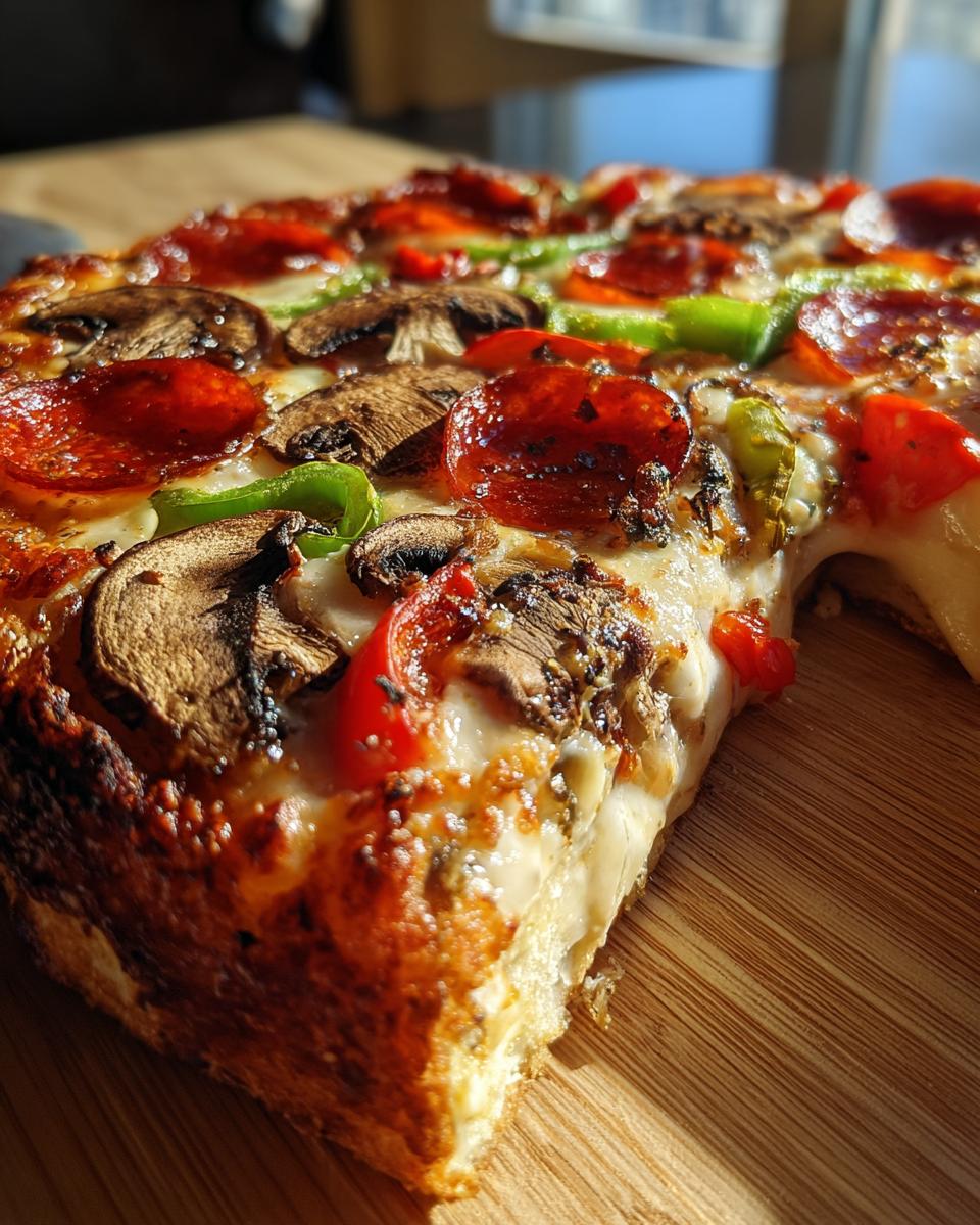 Close-up of a thick-crust pizza slice loaded with pepperoni, mushrooms, and peppers, showcasing the Best Pizza Toppings For Any Night.