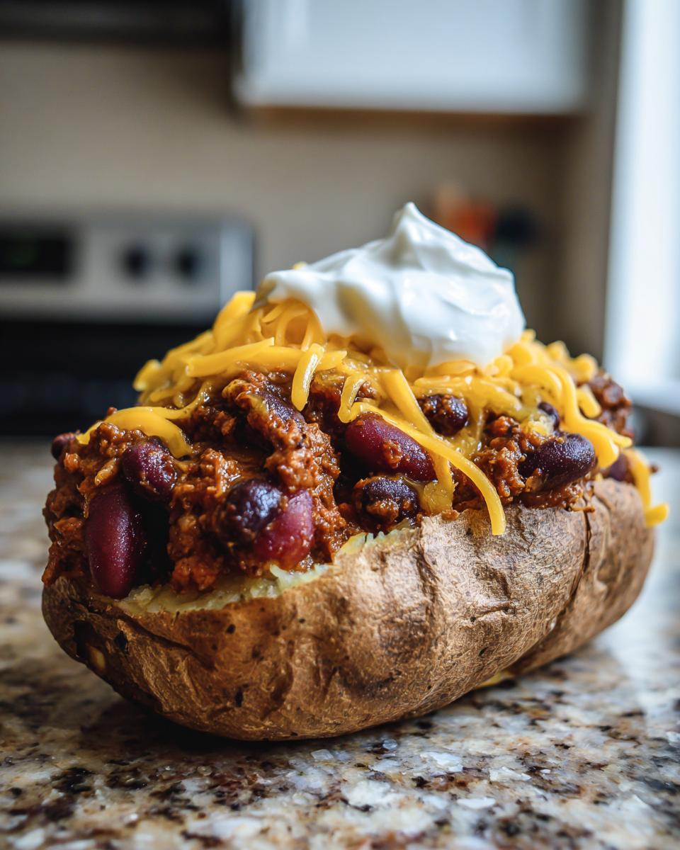 A baked potato overflowing with spicy beans chili, shredded cheddar cheese, and a dollop of sour cream, representing Loaded Potatoes With Spicy Beans.
