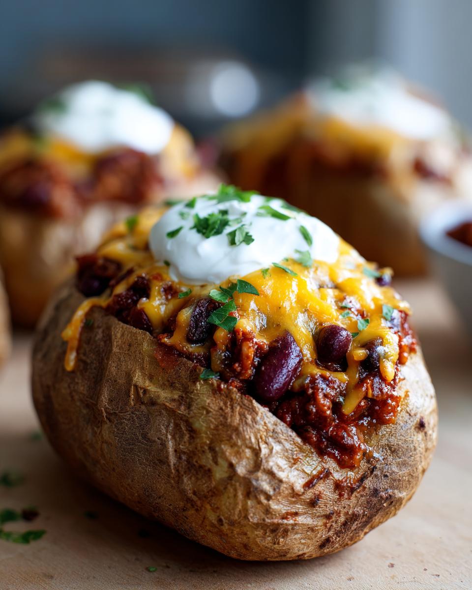 Close-up of Loaded Potatoes With Spicy Beans, topped with melted cheddar cheese, sour cream, and parsley.
